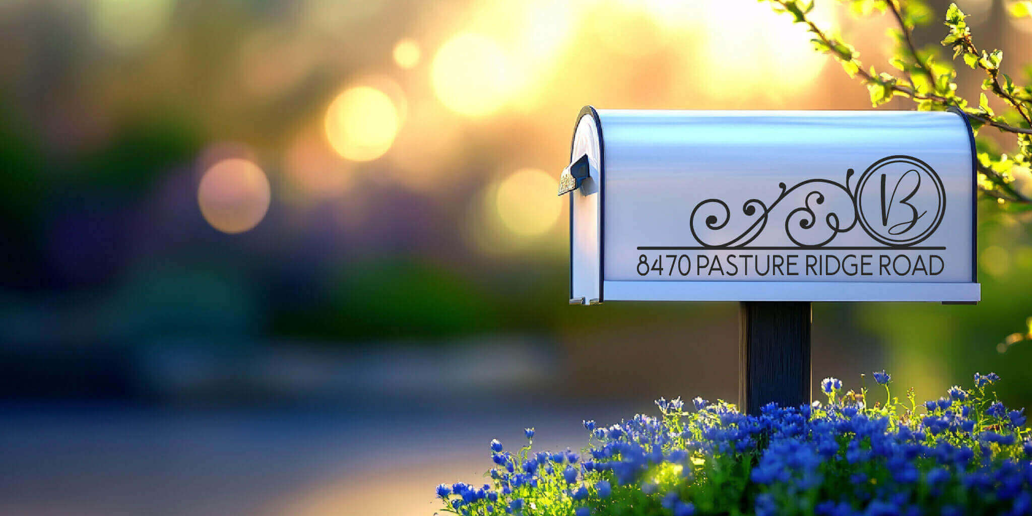 Custom mailbox decal with personalized design for home address or decorative use. Durable vinyl sticker for mailbox customization.