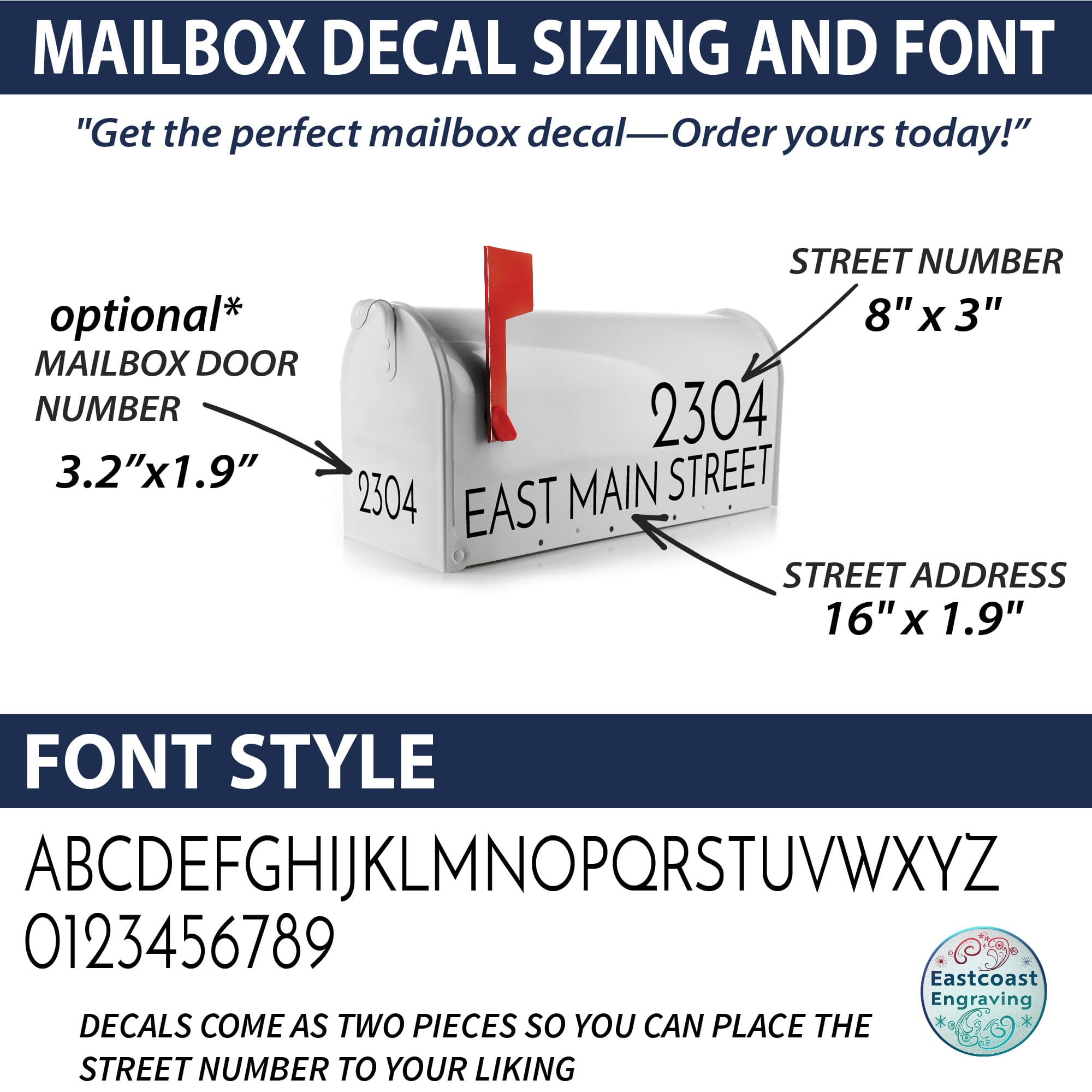 Sizing guide for reflective mailbox decals by Eastcoast Engraving, including numbers and address placement for optimal visibility.