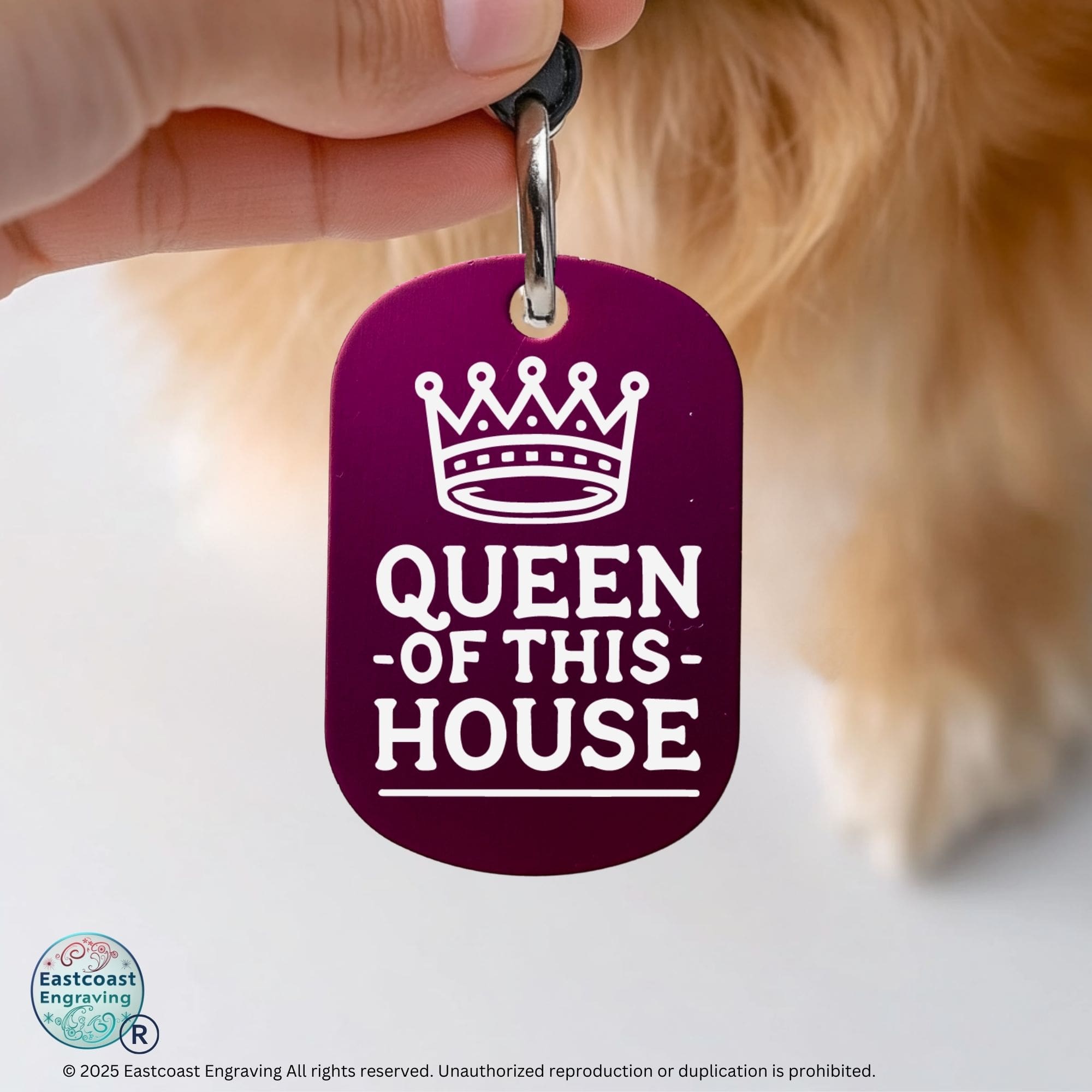 Custom engraved cat tag - Queen of This House design, durable and stylish pet ID tag in purple