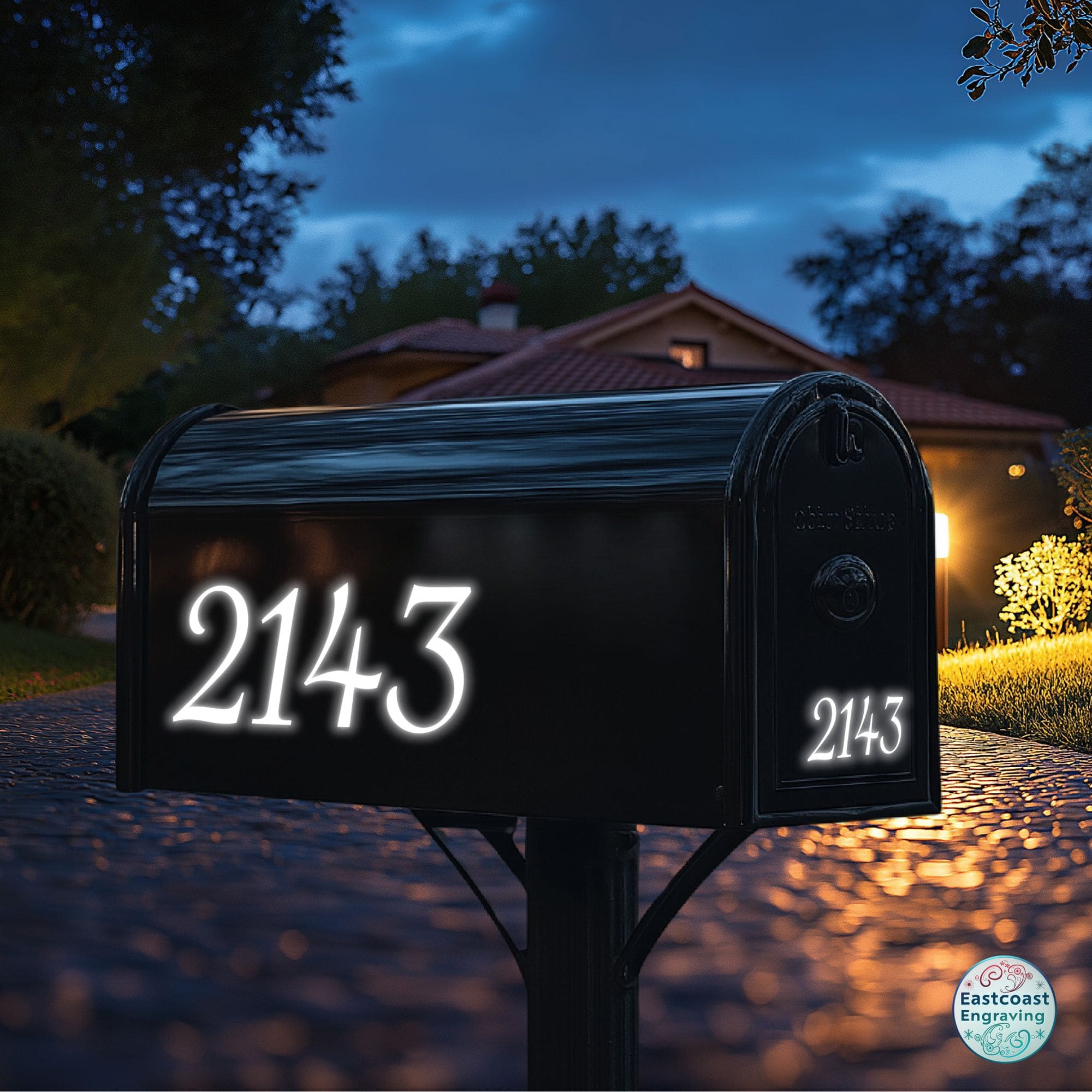 Reflective mailbox numbers glowing at night on a black mailbox, enhancing visibility for deliveries and emergency responders. Custom vinyl decal for high-visibility house numbers by Eastcoast Engraving.