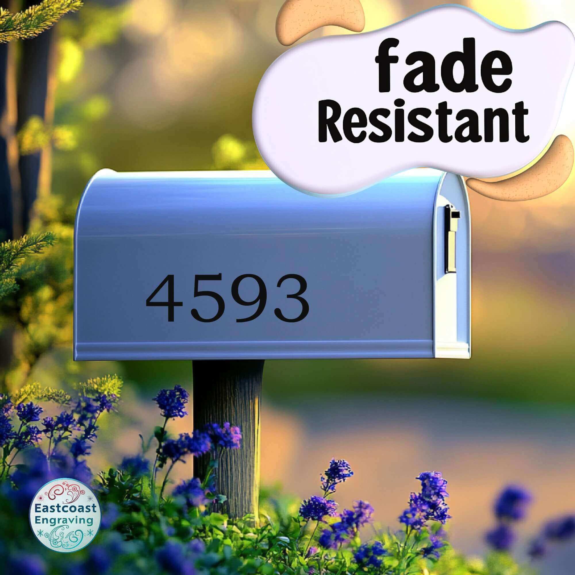 Durable outdoor vinyl mailbox numbers on black mailbox