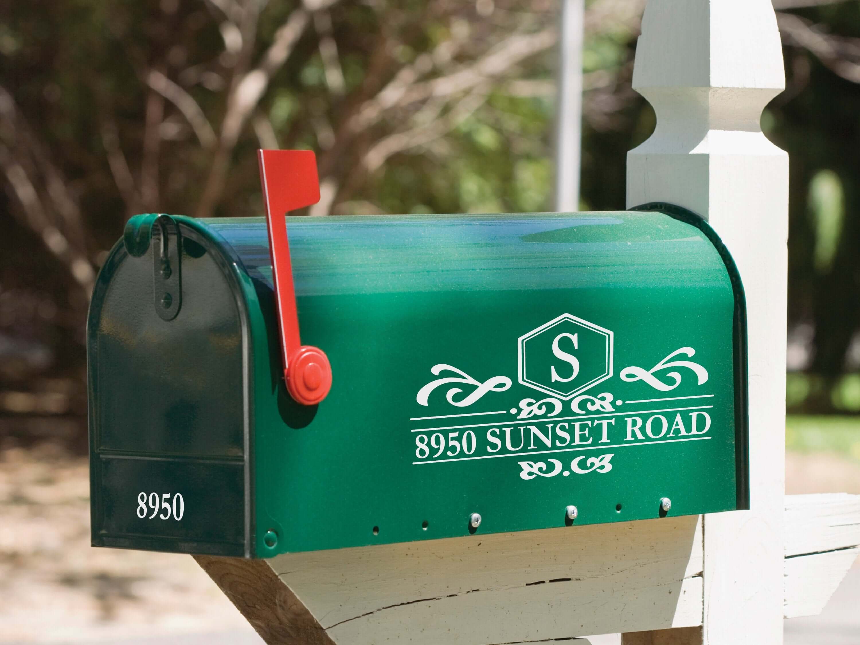 Elegant Initial & Address Sticker Enhancing a Residential Mailbox