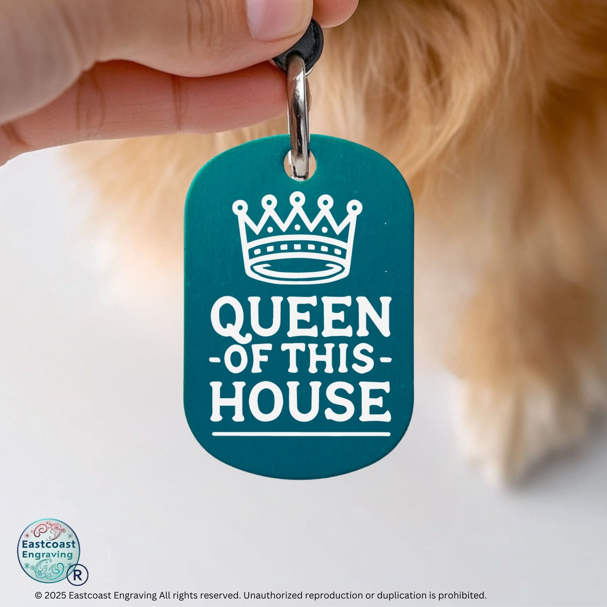 Engraved cat ID tag - Queen of This House personalized pet tag in teal