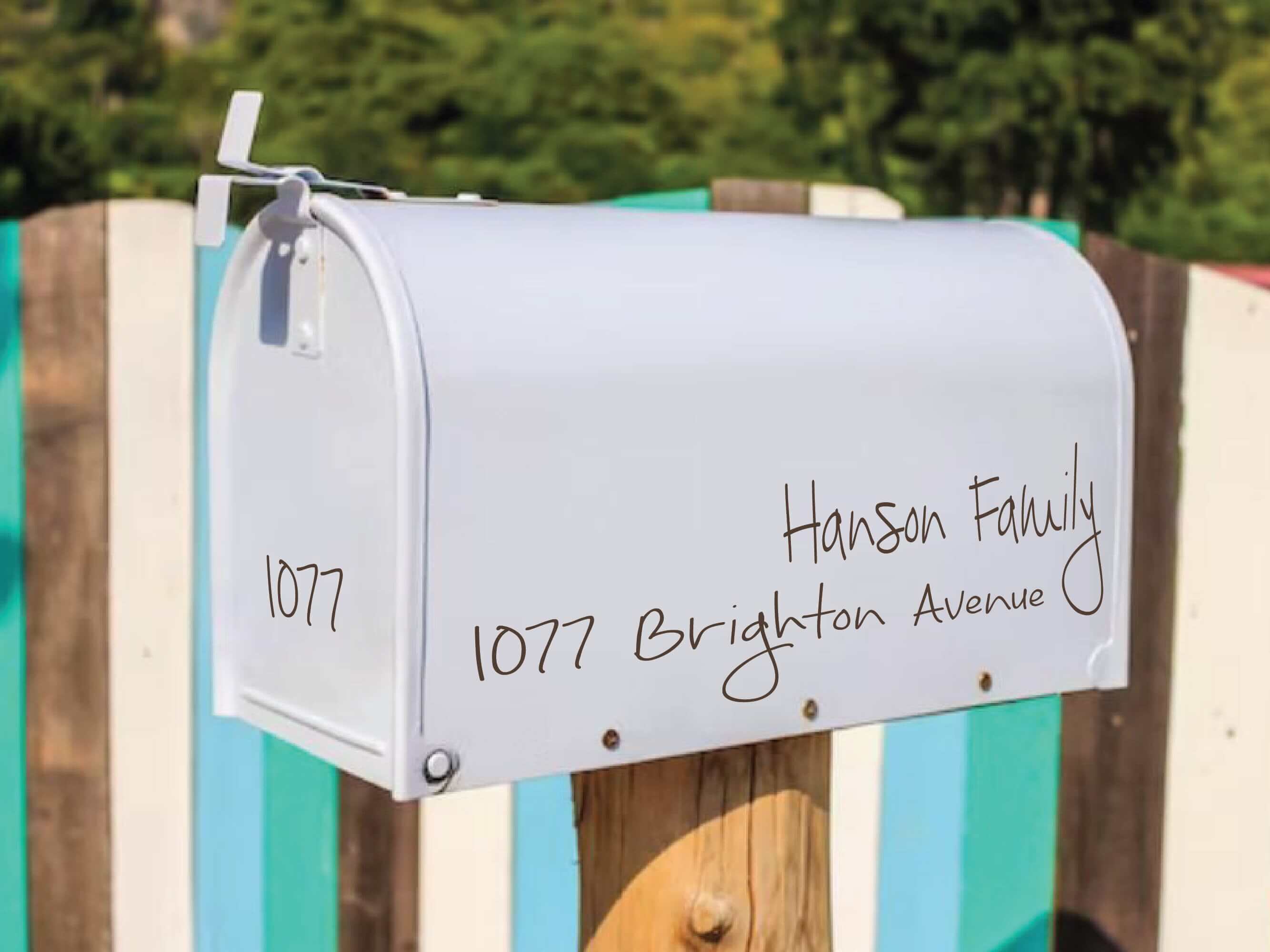 Handwriting mailbox decal for custom addresses and names.