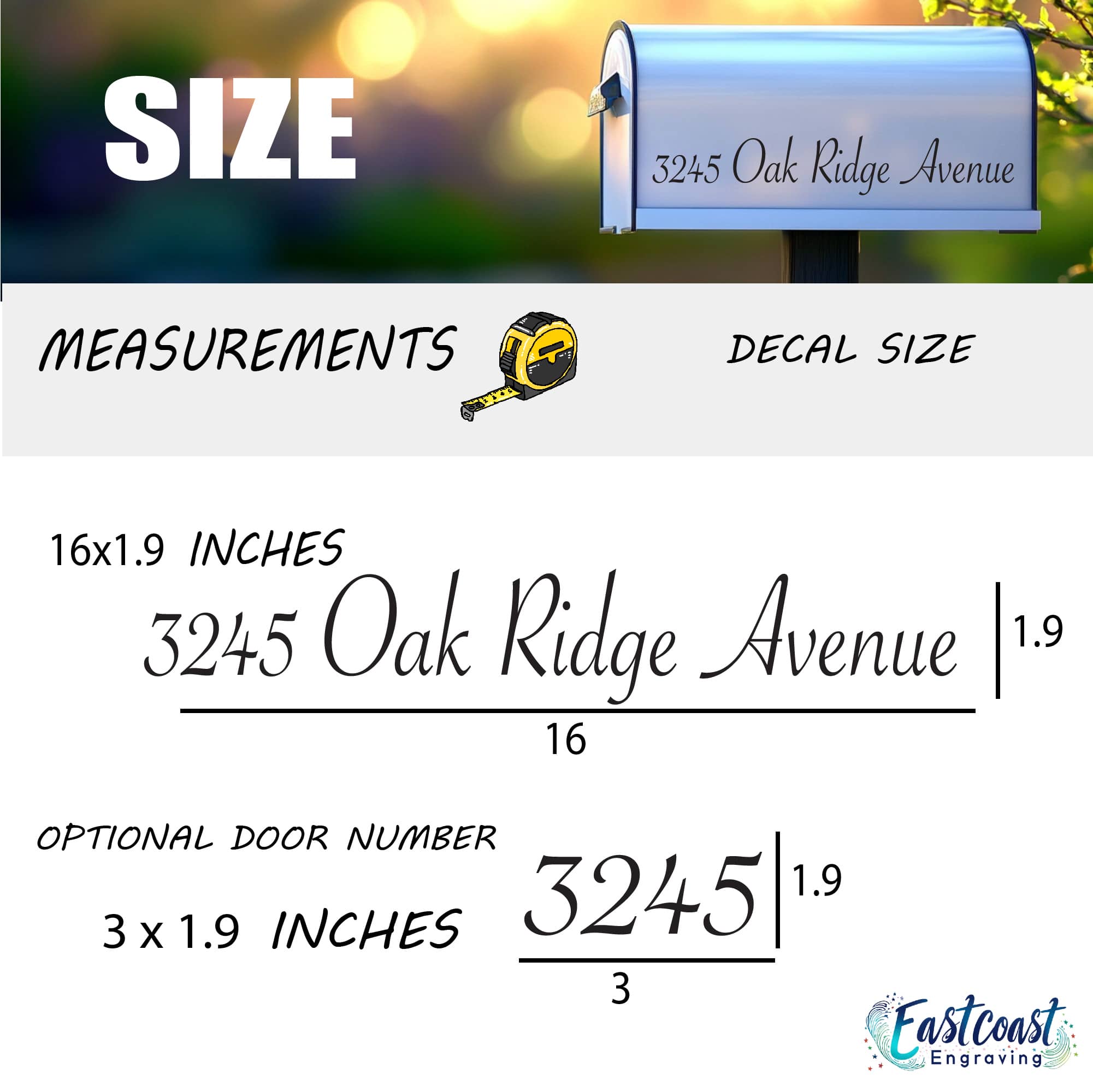 Mailbox decal size chart with 16x1.9 measurements