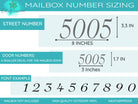 Detailed size chart and font style options for custom mailbox number decals, illustrating various customization choices.