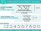 Detailed size chart and font style options for custom mailbox number decals, illustrating various customization choices.