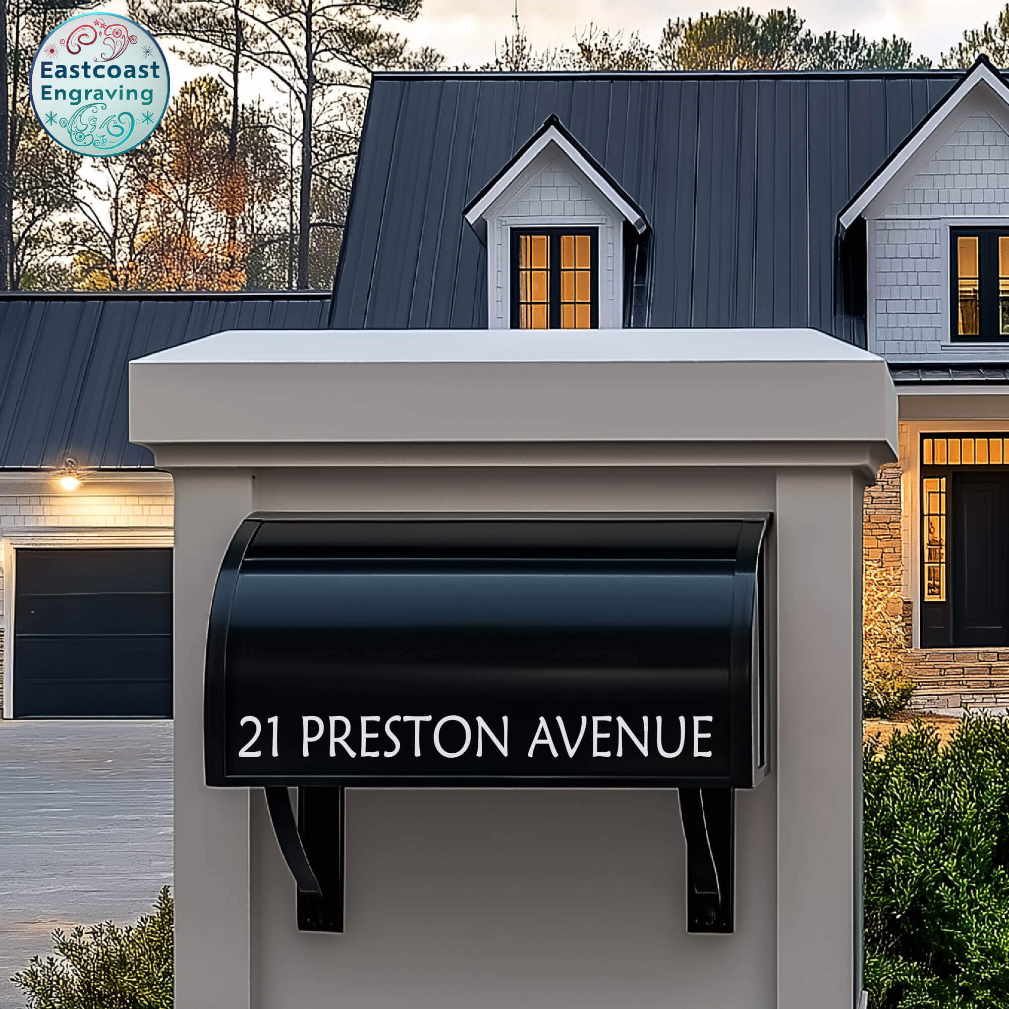 Custom one-line reflective mailbox decal in a modern font style for enhanced curb appeal.