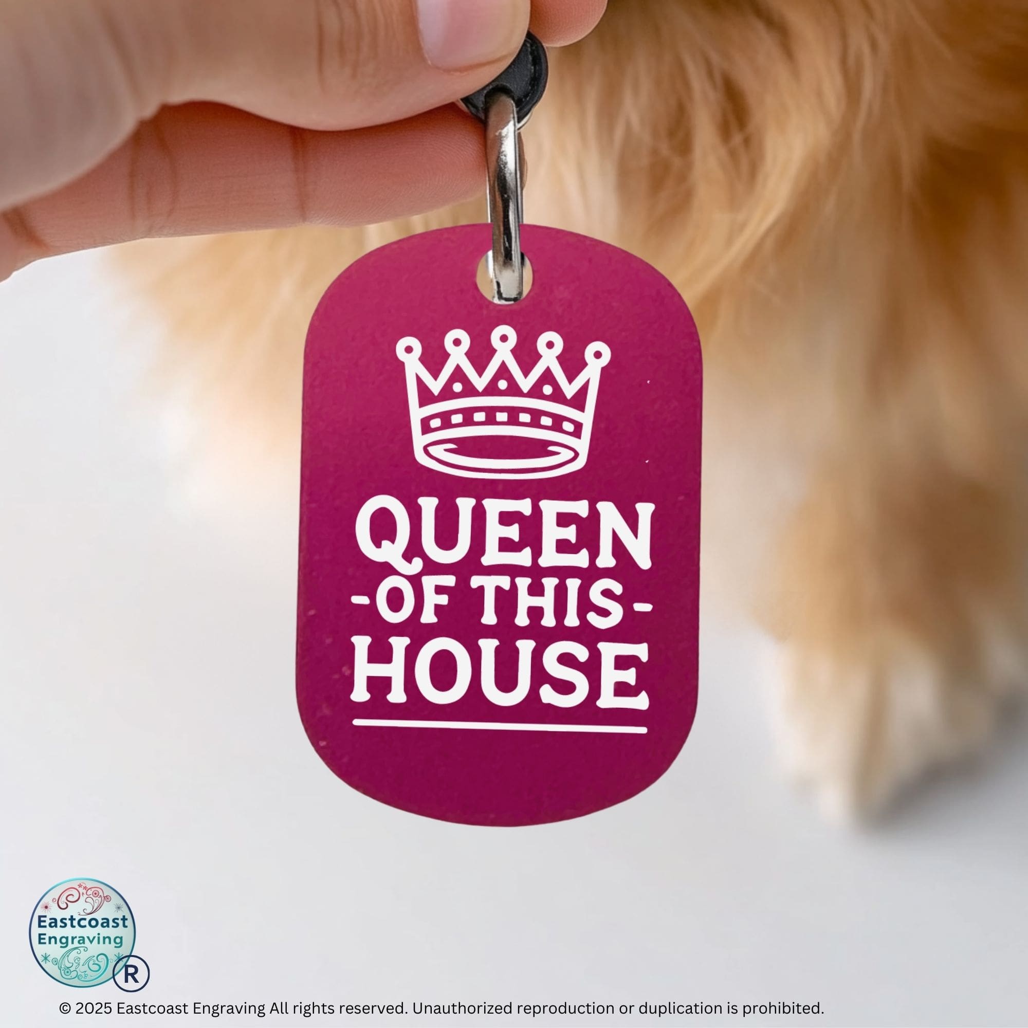 Funny cat ID tag – Queen of This House design engraved on personalized cat collar tag in hot pink