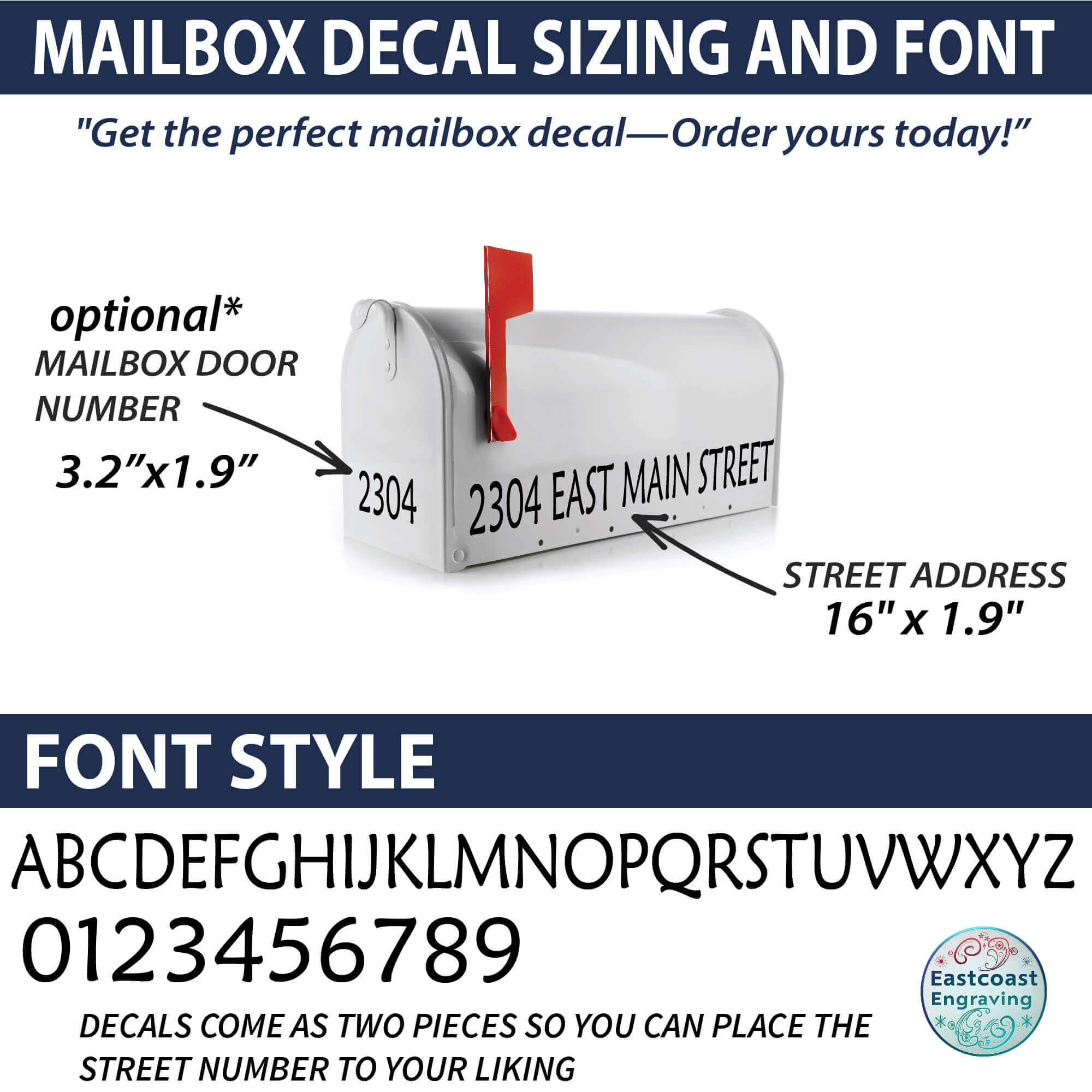 Custom-sized reflective mailbox lettering decal measuring 16" x 1.9