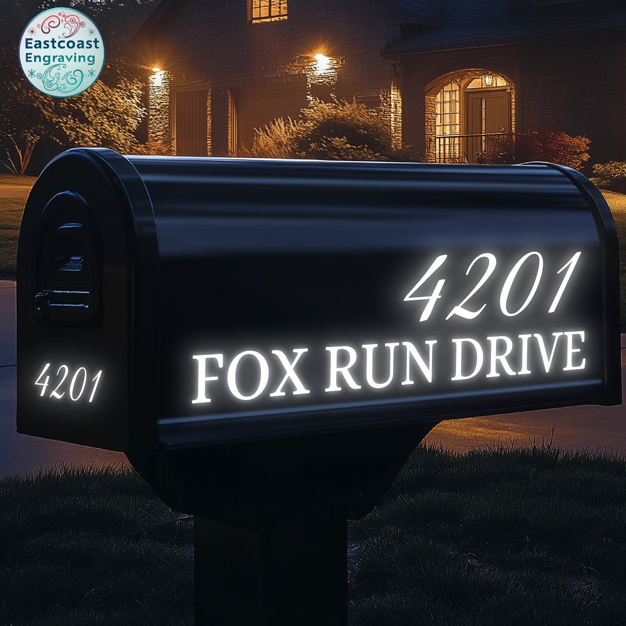 Custom reflective mailbox address numbers for night visibility.