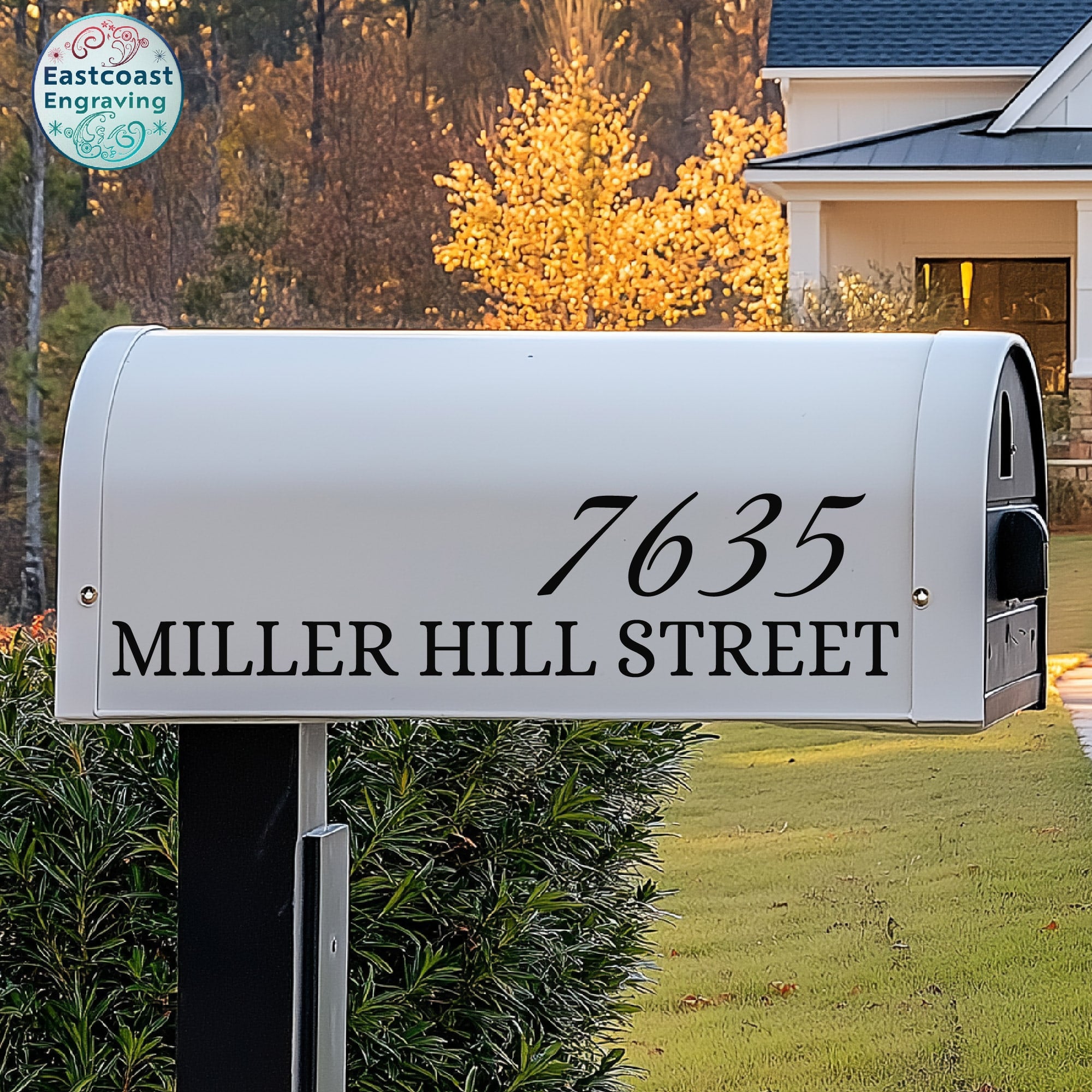 Custom reflective mailbox address decal in a modern, elegant font style.