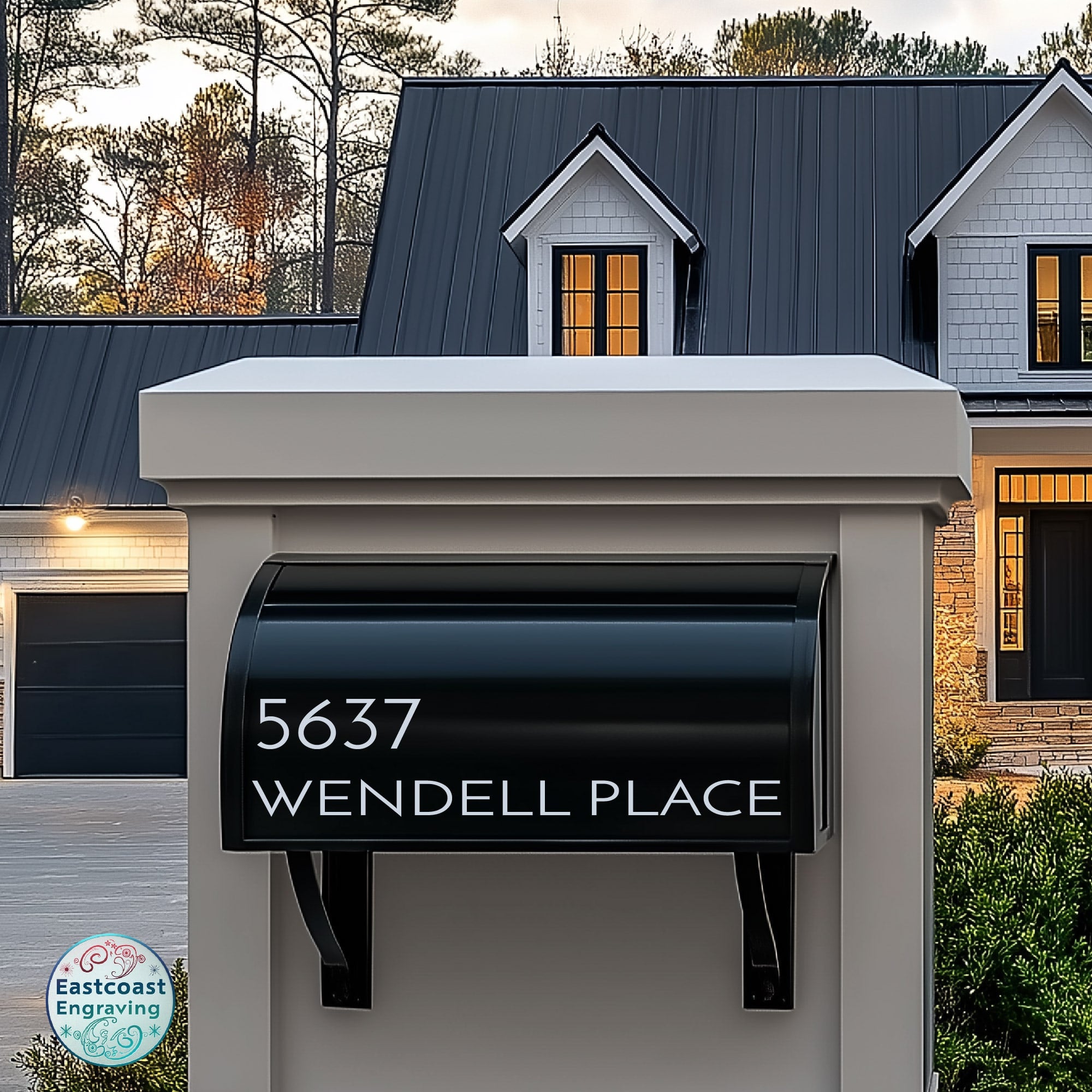 Example of custom reflective mailbox decals with street address placement for improved readability.