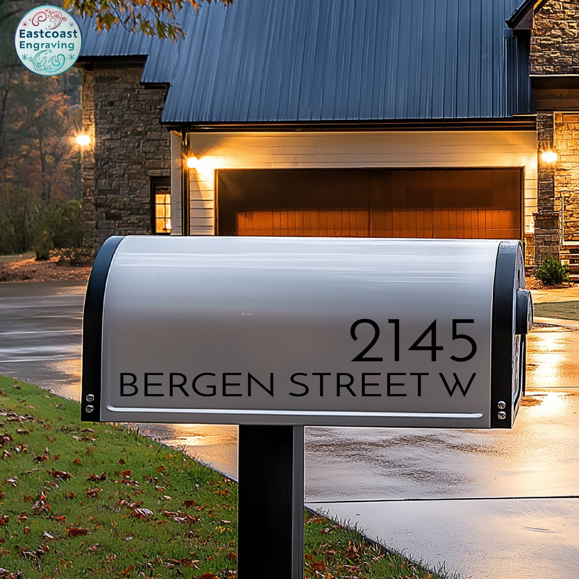 Custom reflective vinyl mailbox decals by Eastcoast Engraving with large, bold numbers for maximum visibility.