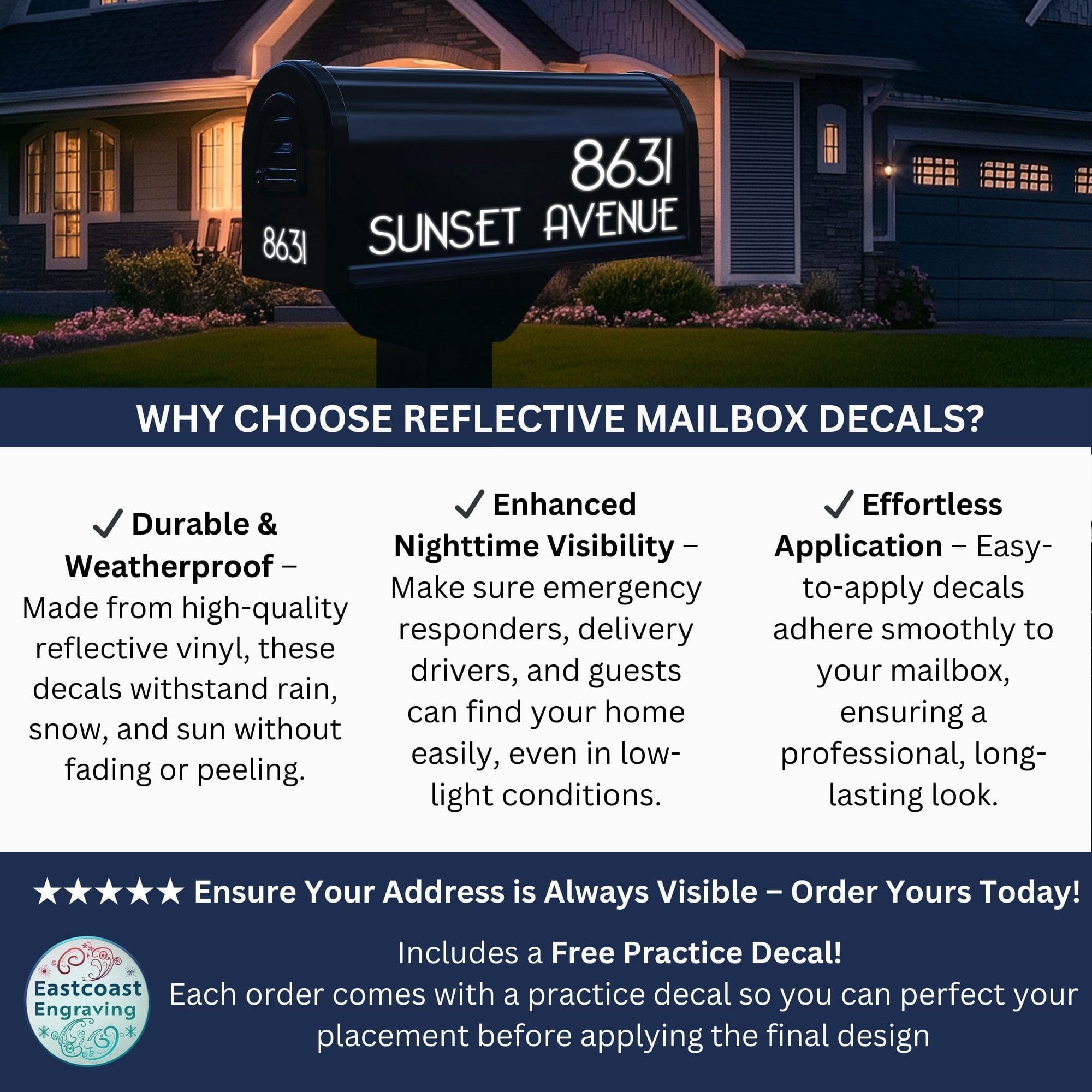 Why choose reflective mailbox decals? Featuring durable, weatherproof reflective vinyl for enhanced nighttime visibility. Easy application ensures a long-lasting professional look. Includes a free practice decal for perfect placement. Eastcoast Engraving.