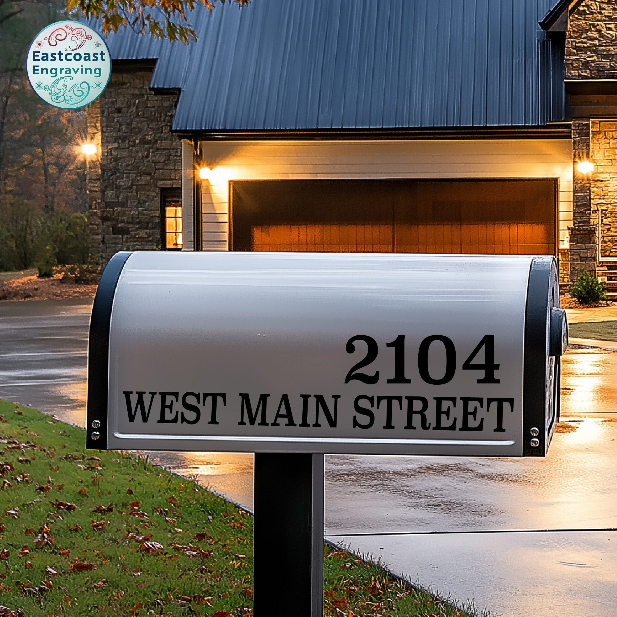 Black reflective mailbox lettering decal with a bold address display.