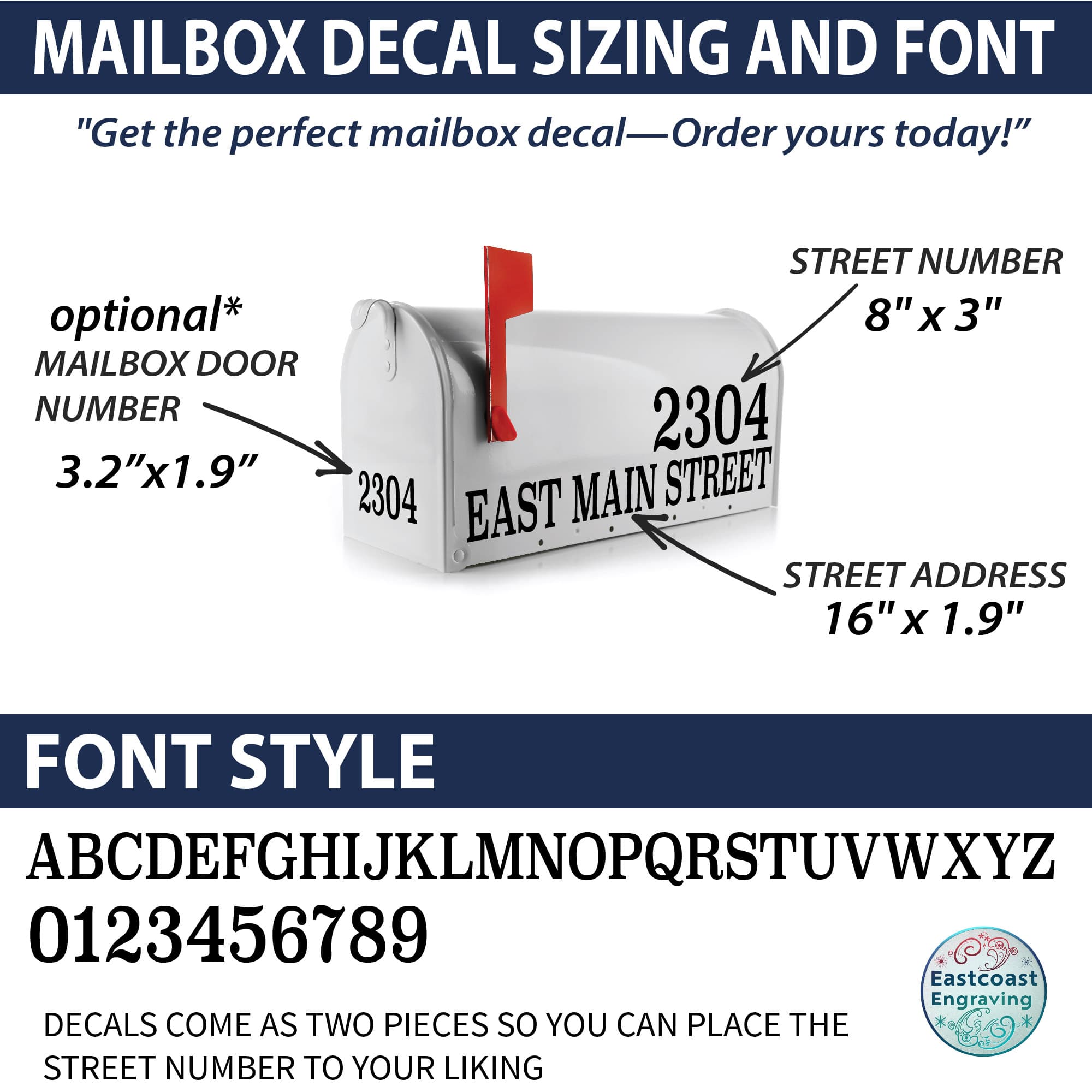 Size guide for reflective mailbox lettering, helping customers choose the best fit