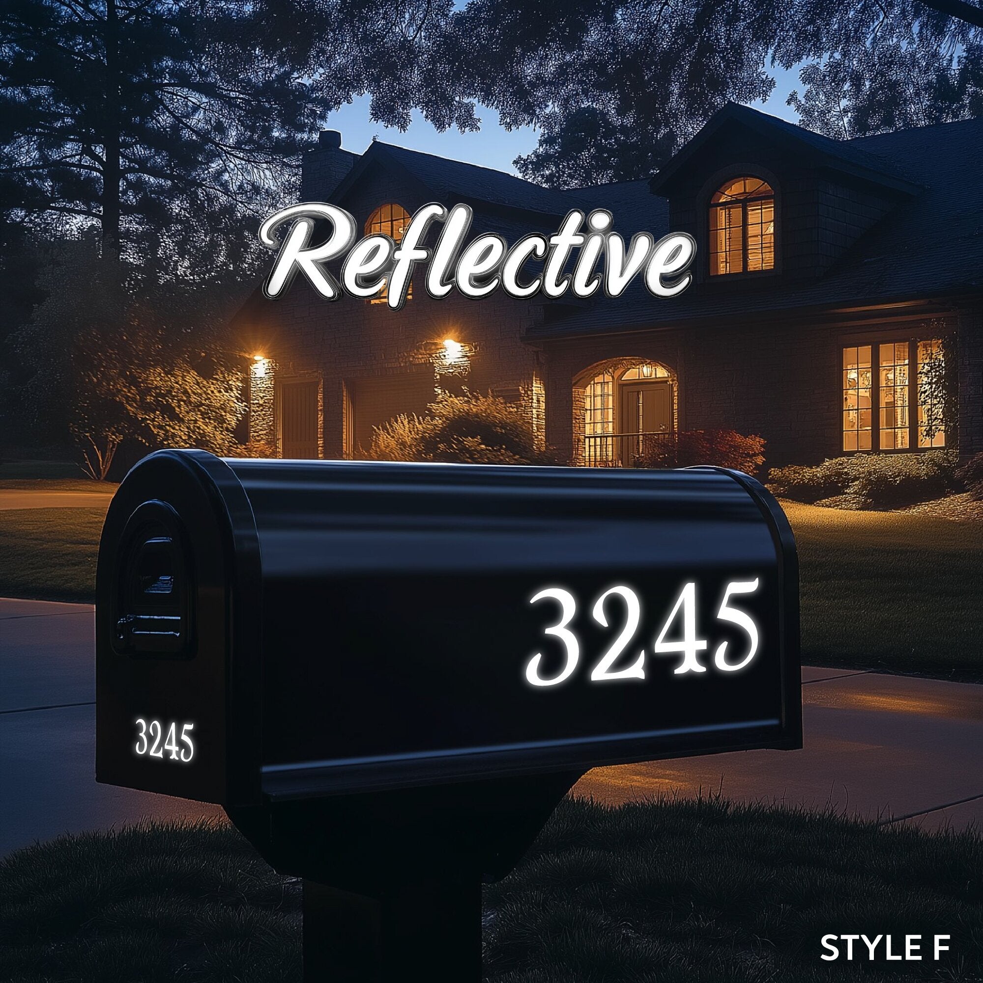 Reflective mailbox numbers in various custom font styles, showcasing personalized stickers for enhanced visibility and style