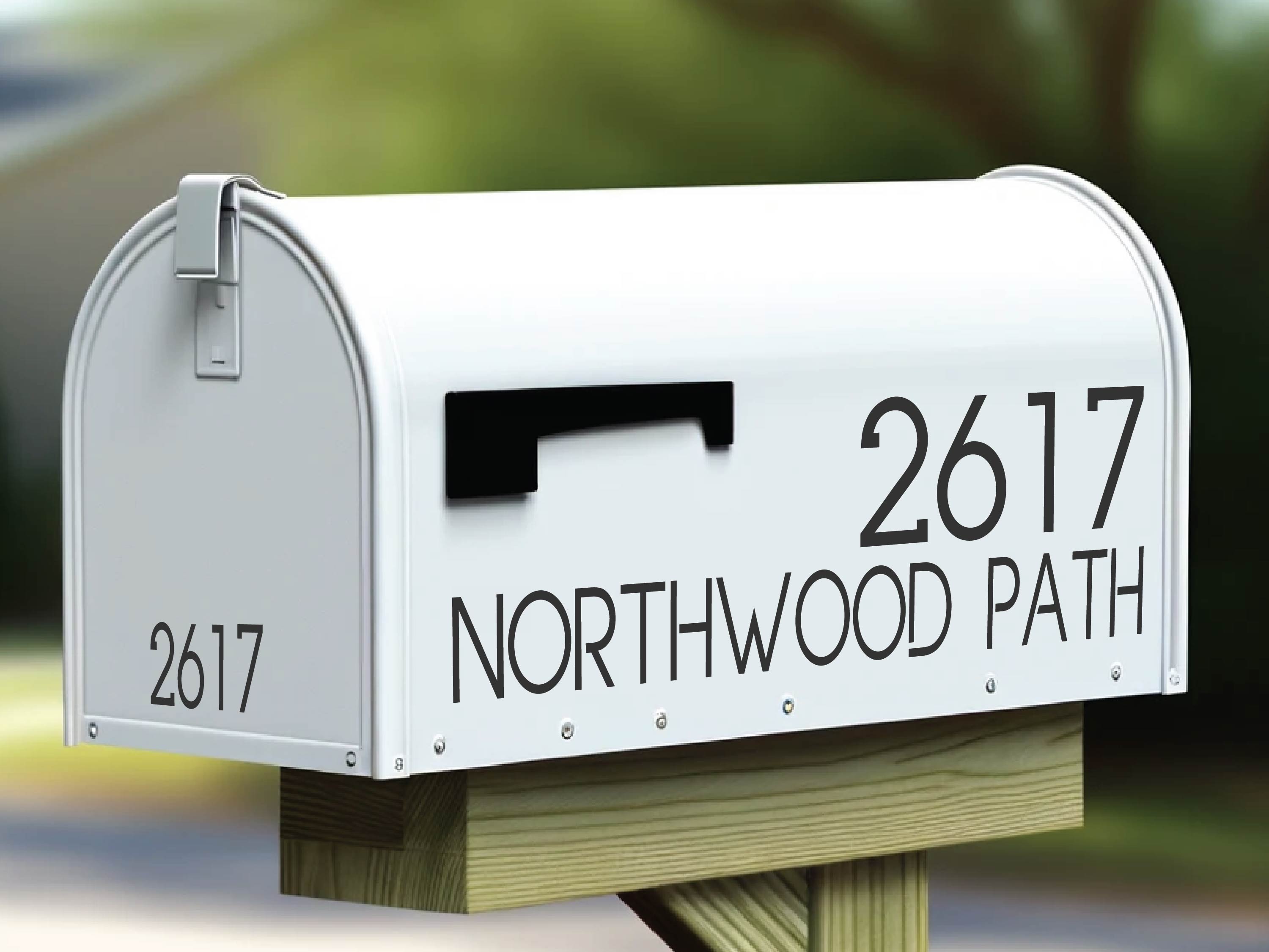 Custom mailbox decal for personalized address display, durable vinyl, available in 20+ colors, enhances curb appeal and visibility