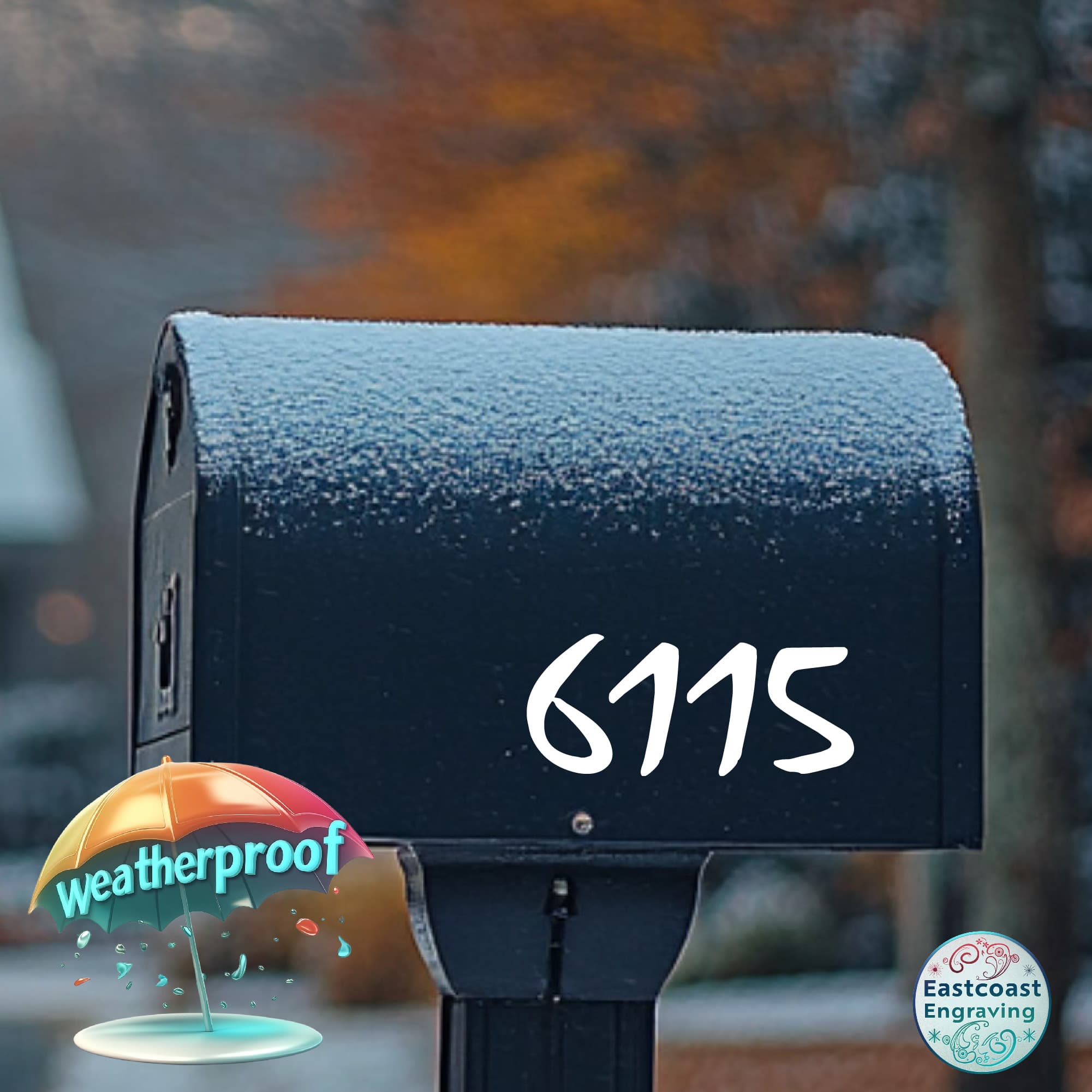 Weatherproof mailbox numbers with peel-and-stick application