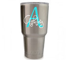 Custom name and initial vinyl decal in script design for tumblers, laptops, and flat surfaces.