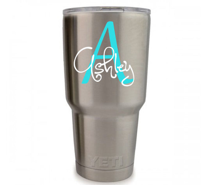 Custom name and initial vinyl decal in script design for tumblers, laptops, and flat surfaces.