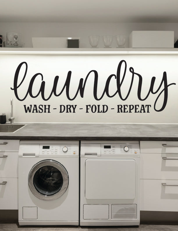 Elegant Laundry Wall Decal with Wash Dry Fold Repeat in script font