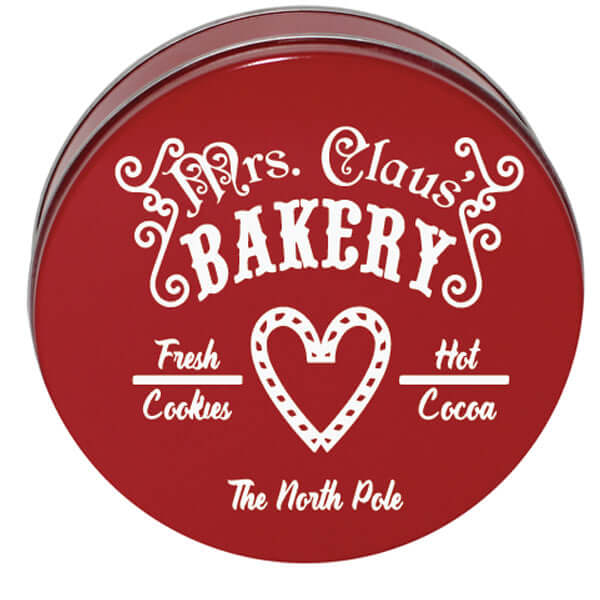 Mrs. Claus Bakery Vinyl Decal applied to a cookie tin lid, festive holiday decor.